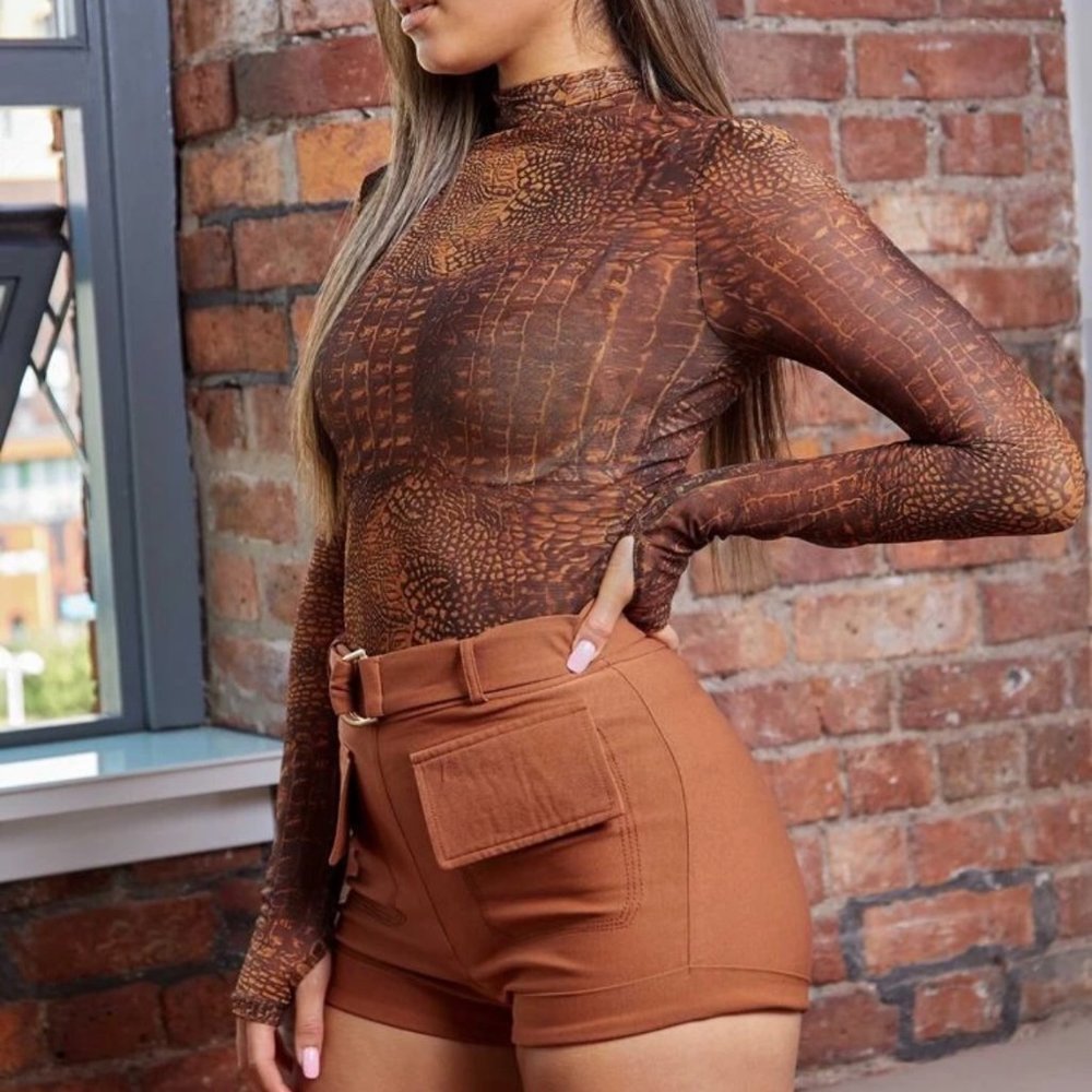 Mock Neck Thumb Hole Crocodile Mesh Sheer Top